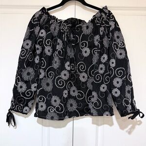 Katherine of New York Chic Black and White Floral Embroidered Blouse
